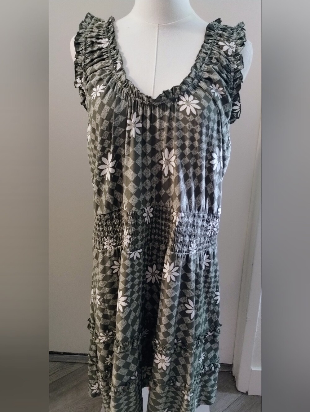No Boundaries Olive Green Floral Check Smocked Midi Dress